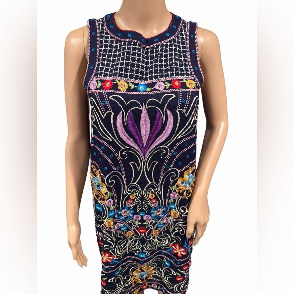 Anthropologie Maeve Womens Kira Navy Floral Embroidered Tunic Dress Size 0 - Picture 3 of 16